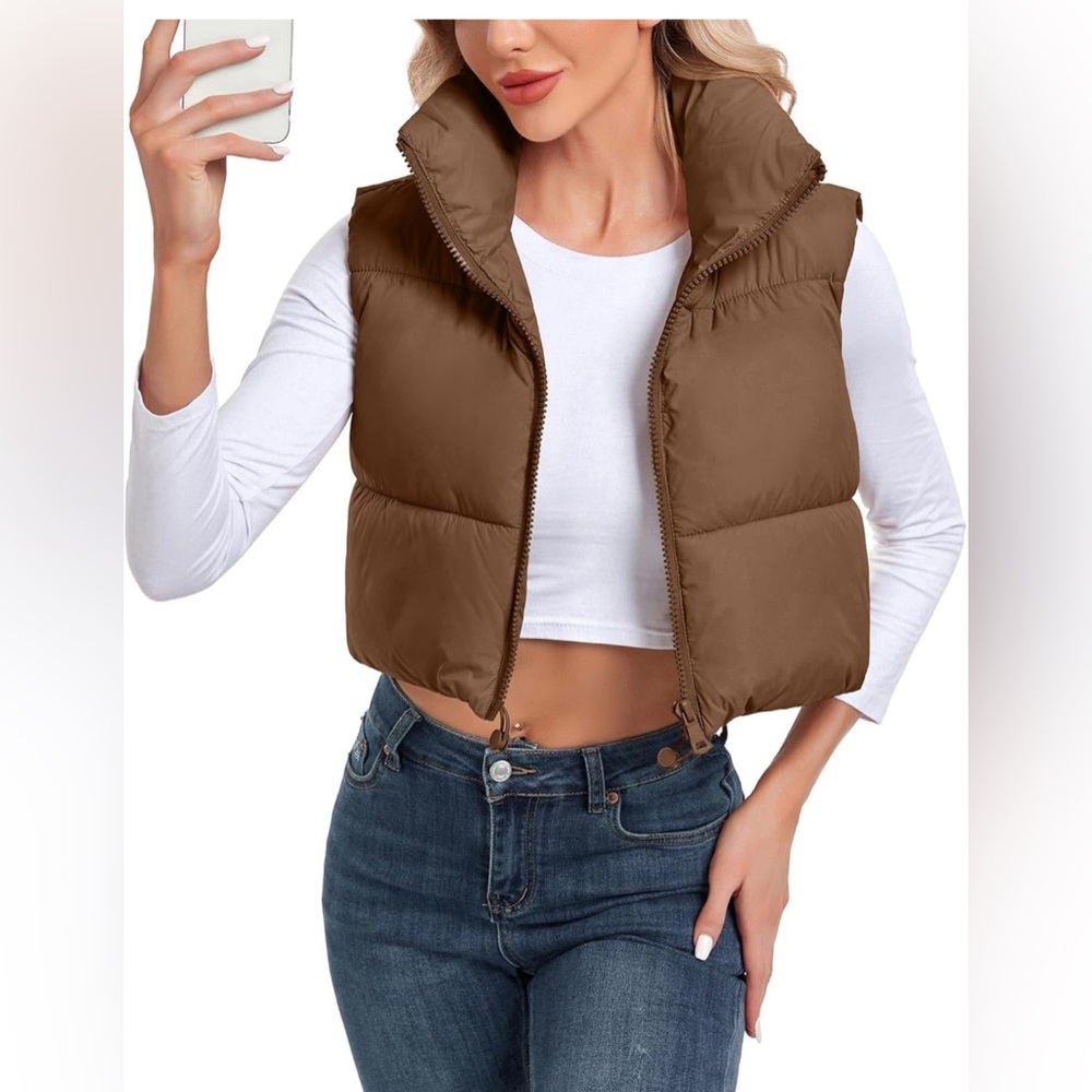 Women's Cropped Sleeveless High Stand Collar Zip Up Warm Padded vest M NIP - Picture 4 of 9